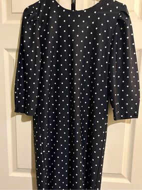Vintage Jenny Petites Black Polka Dot Midi Dress with Puff Shoulders Button Back